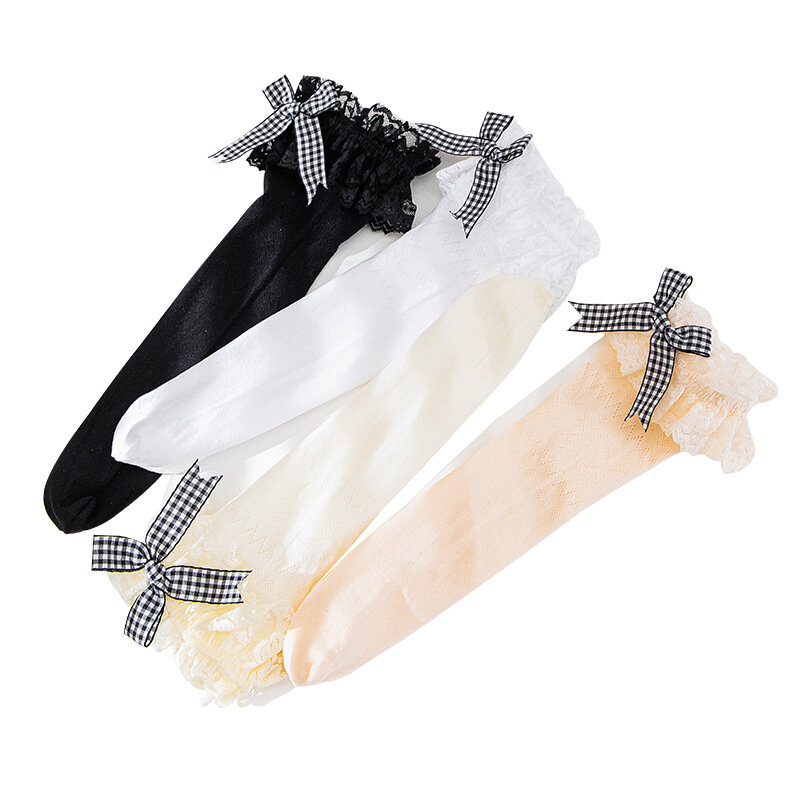 Retro Lolita Girls Mesh Thin Socks Baby Solid Color Bow Lace Mid Long Tube Sock Simple Design Cute Princess Non-slip Sockings