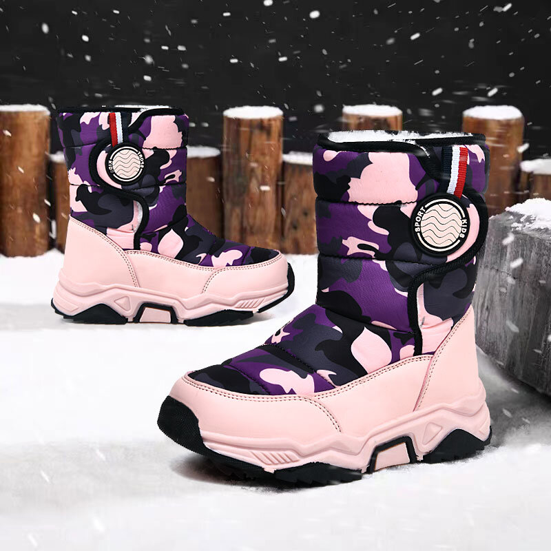 Winter Kids Boots Plus Warm Velvet Boy Snow Booties Cotton Lining Waterproof Children Leather Shoes Outdoor Activity Supplies