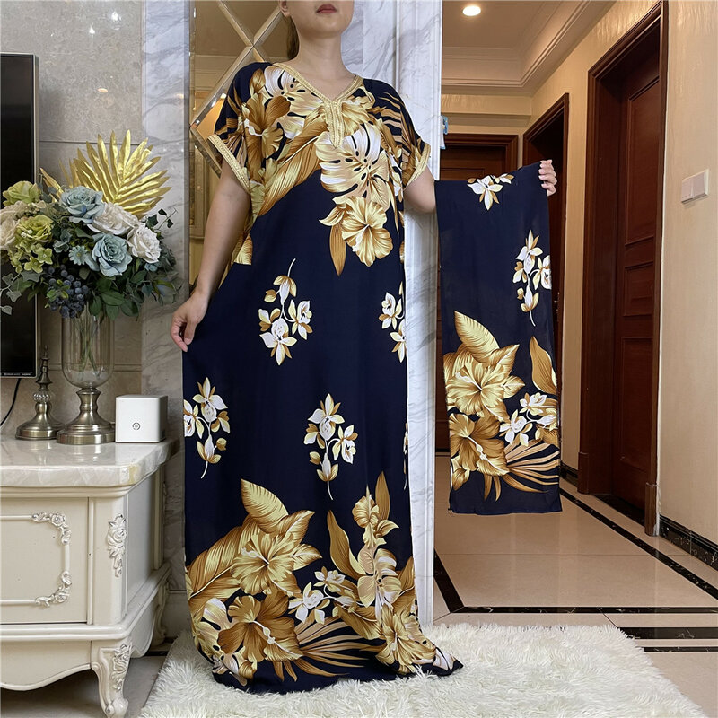 Новая африканская абайя одежда для женщин с цветочным принтом Дашики Повседневный халат с коротким рукавом с шарфом на голову длинное платье YY20