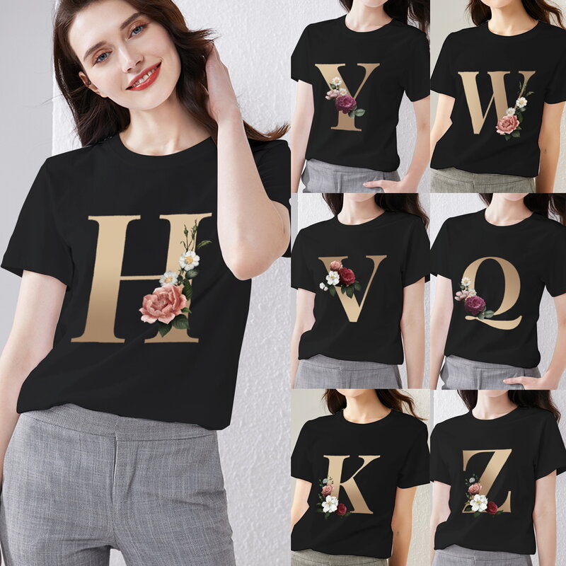 Summer Women's T-shirt 26 English Alphabet Printing Series Short-sleeved Casual Ladies O-neck Personality Soft Short-sleeved