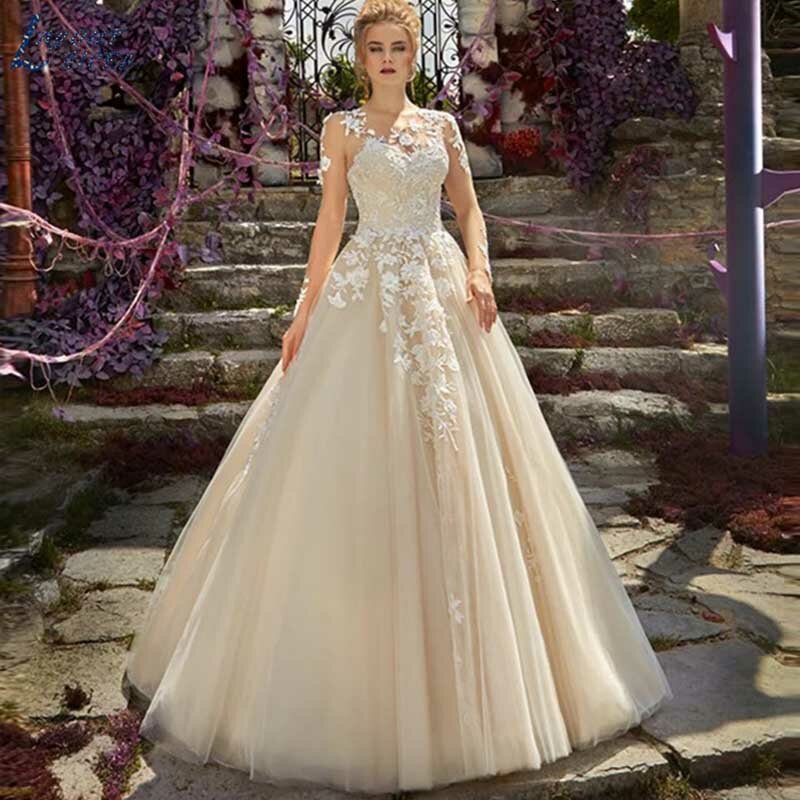 Floral appliqued rendas vestidos de casamento 2022 tule mangas compridas vestidos de noiva vestido de novia feito sob encomenda ilusão botão laço acima