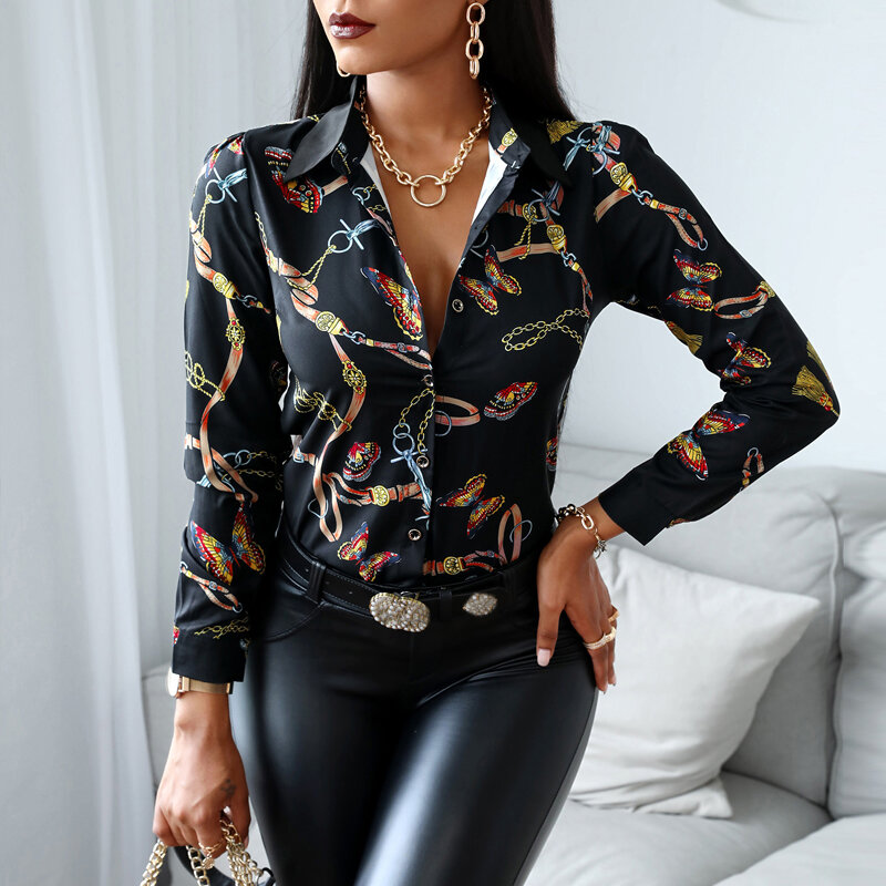 2021 new  Women's Blouse Fashion Sexy Floral Printed Blouse Women Elegant V-Neck Loose Long Sleeve Shirts