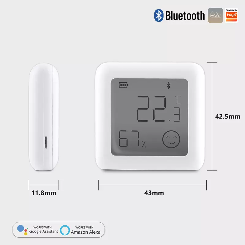 MOES-Sensor Inteligente de Temperatura e Umidade, Sensor Bluetooth Tuya, Higrômetro Interior LCD, Termômetro, Controle Remoto APP, Controle de Voz, Google
