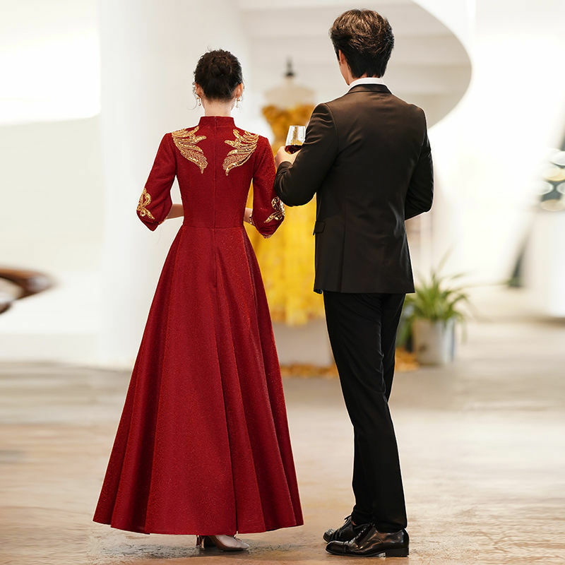 Женская юбка с высоким вырезом, винно-красная Банкетная юбка с длинными рукавами для помолвки, лето 2022