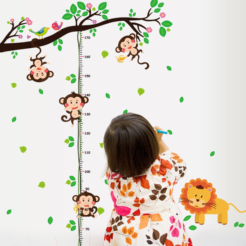 Pegatinas de pared con dibujo de jirafa y mono para niños, regla de ratán con árbol para medir la altura, decoración del hogar