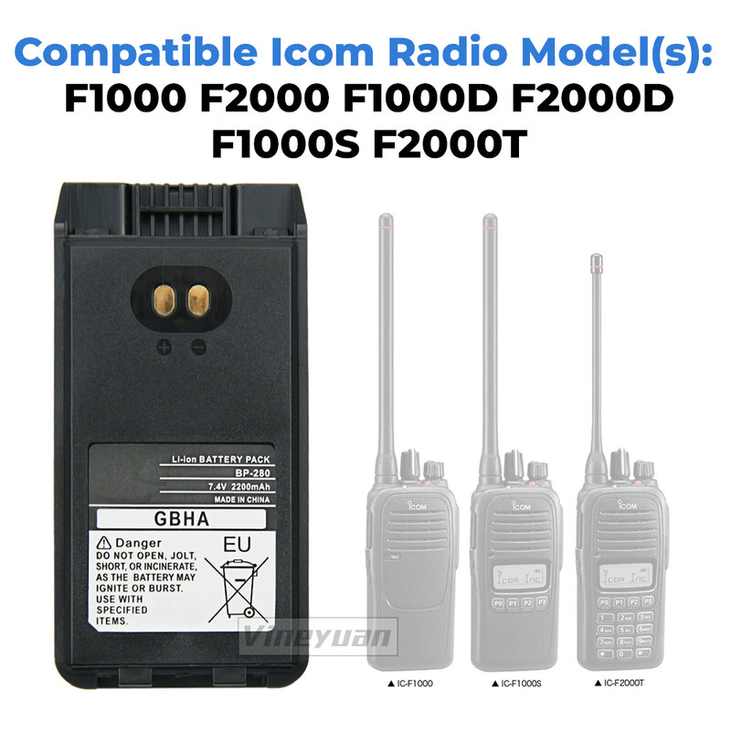 10X2200mAh Replacement BP-279 BP-280 Li-Ion Battery for ICOM F1000, F2000, F1000D, F2000D, F1000S, F2000T Two Way Radio Recharge
