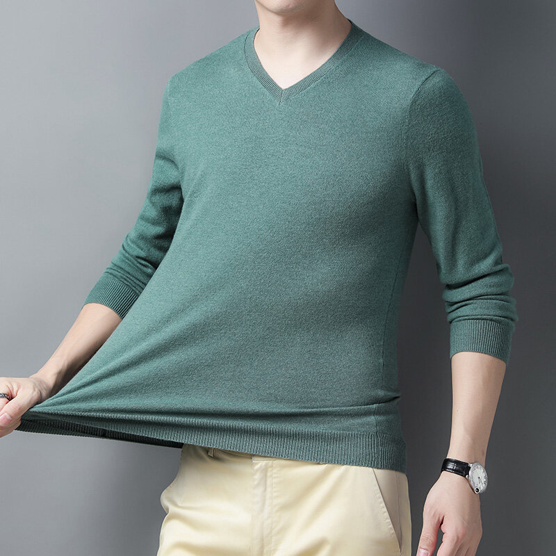 Sweter męski jednokolorowy dziergany sweter V-neck 100% wełna wiosna 2022 nowy wysokiej klasy kaszmirowy sweter na co dzień