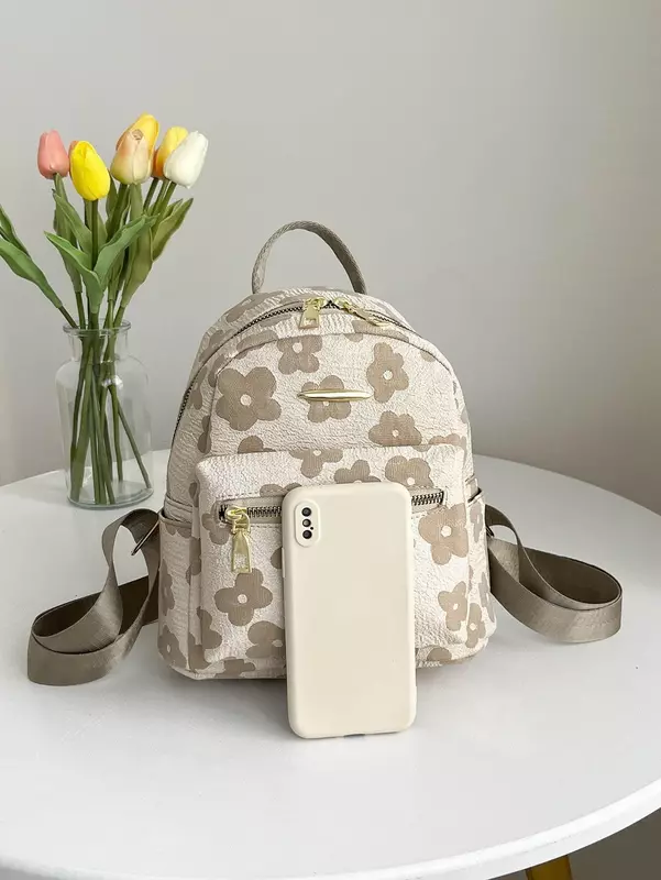 Jacquard Floral Pattern Metal Decor Backpack