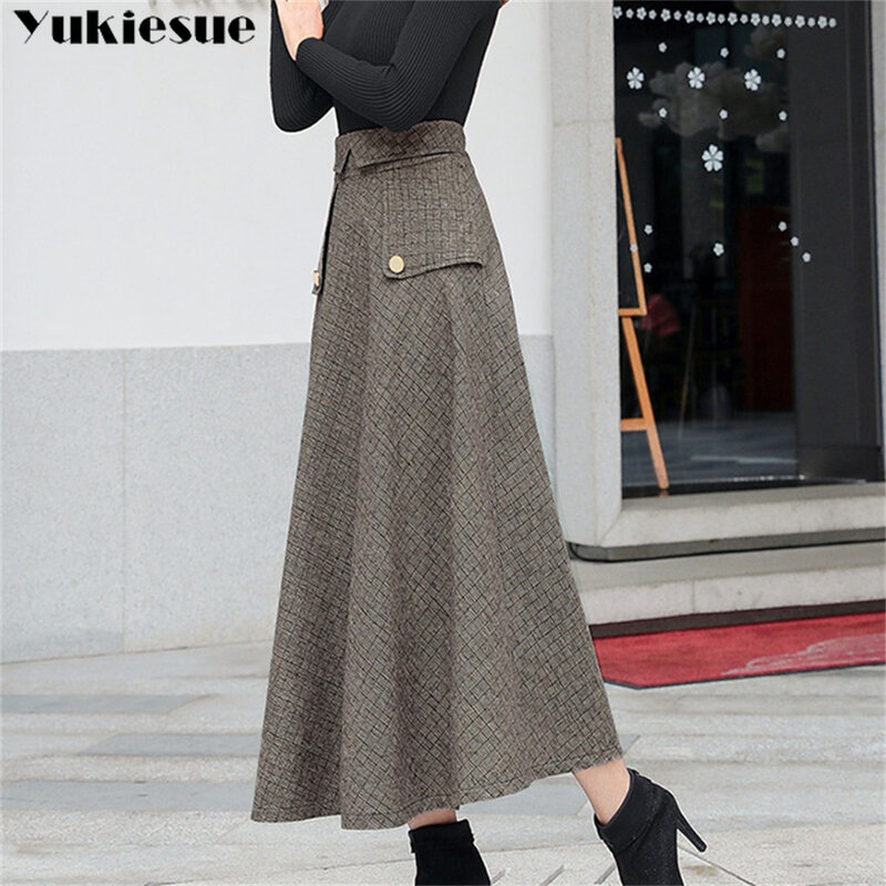 Harajuku-Falda larga de lana para mujer, prenda de moda coreana, de corte en A, para otoño e invierno, 2022