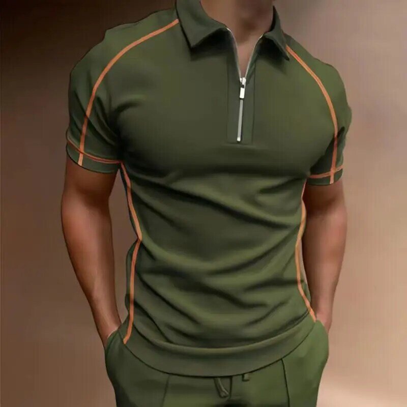 Camisas de manga curta masculina de verão de moda de lapela streetwear casual zip t camisas de manga curta masculina de cor sólida