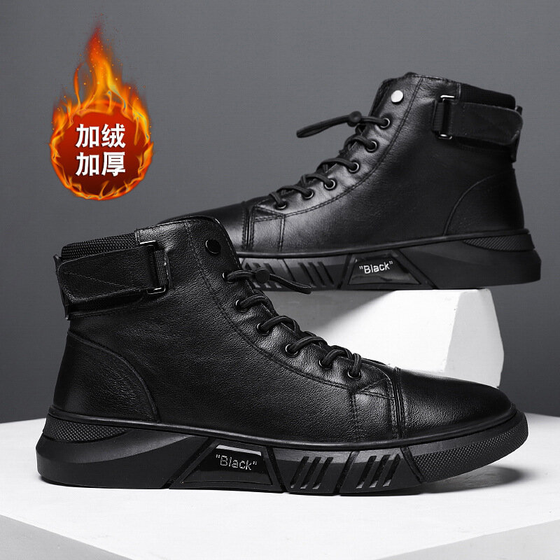 Moda couro sapatos masculinos sapatos casuais inverno mais veludo para manter quente preto comfortbale tênis masculino sapatos planos tamanho grande 48