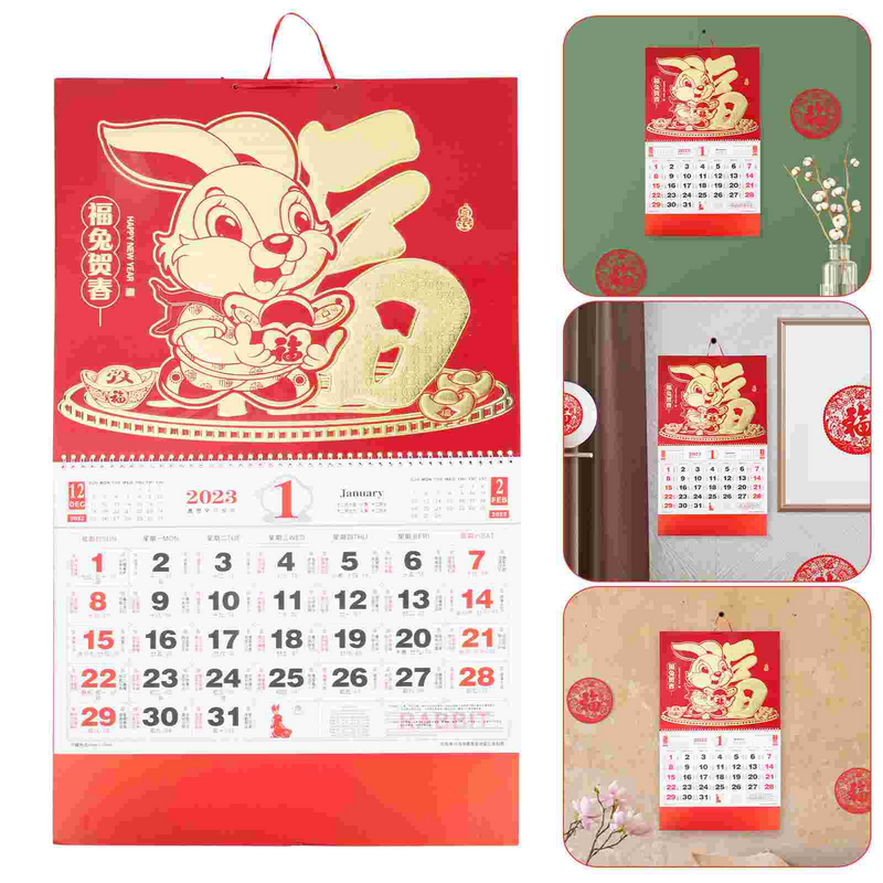 Estilo chinês ano do coelho folha de ouro "fu" personagem pendurado calendário