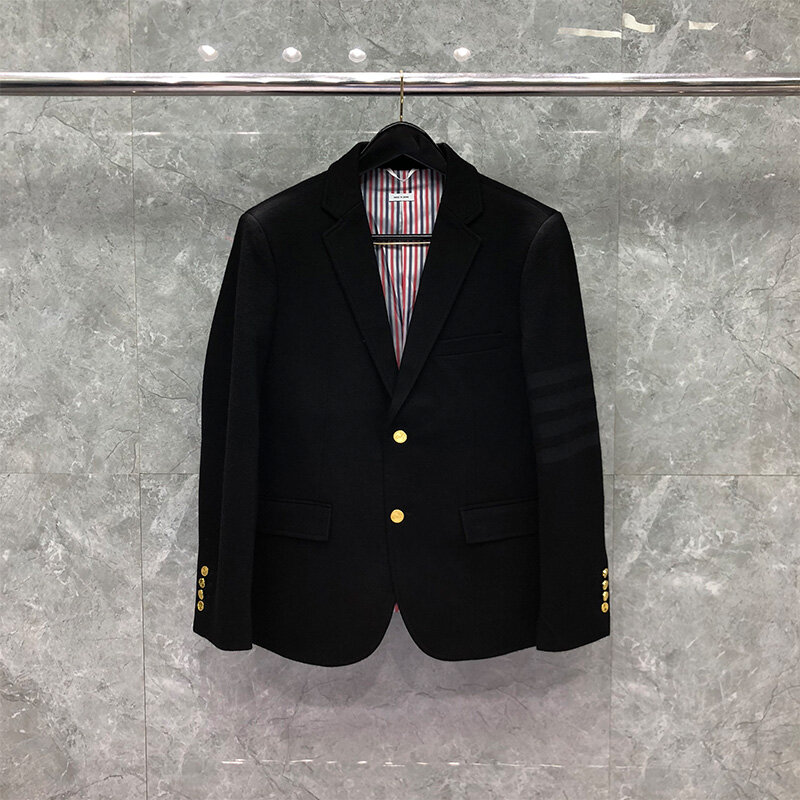 Jaket Setelan Pria TB THOM Mantel Berkualitas Tinggi 4-Bar Putih Klasik Blazer Merek Fashion Desain Kancing Emas