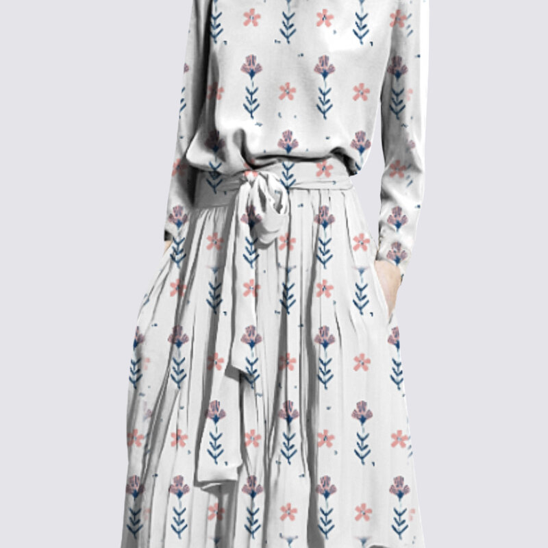Traje de moda de cuello redondo para primavera y verano, falda superior estampada de dos piezas, temperamento de ventilador de diosa, 2022