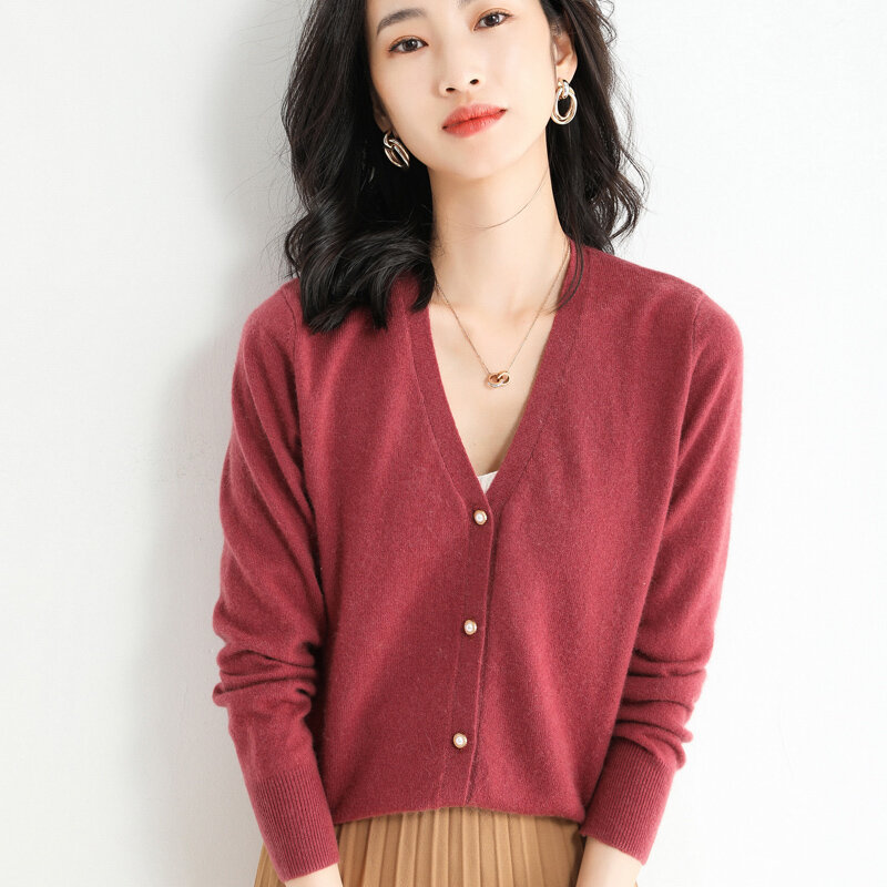 2022 Musim Semi Wanita Sweater Kerah V Wol Kardigan Rajutan Dasar Warna Solid Versi Korea Longgar Mantel Penawaran Khusus
