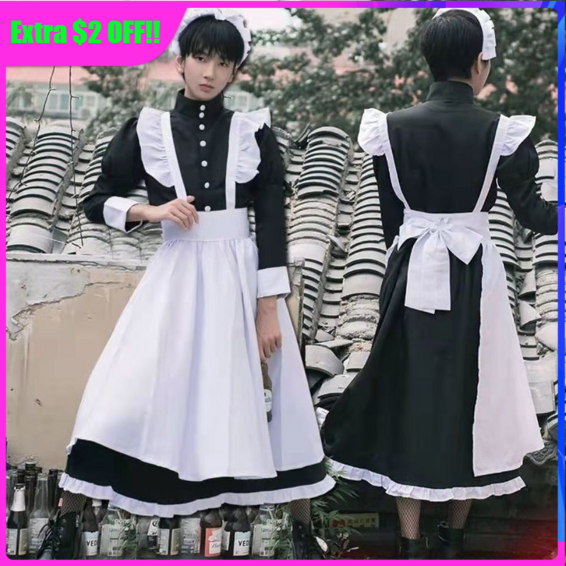 Halloween Kostüme für Männer Frauen Maid Outfit Anime Sexy Schwarz Weiß Schürze Kleid Süße Gothic Lolita Kleider Cosplay Kostüm