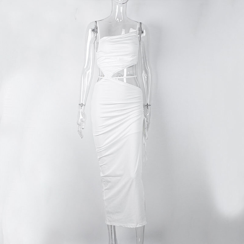 Gaun Midi Pantai Seksi Gaun Celah Samping Tanpa Lengan Putih Musim Panas 2022 Hijau Berongga Wanita Bodycon Gaun Pesta Kasual 21386