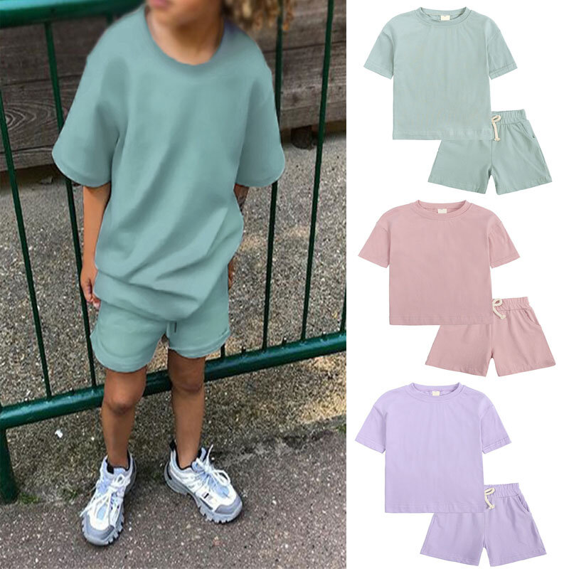 Детский летний спортивный костюм из двух предметов, Однотонная футболка с коротким рукавом и шорты с эластичным поясом, 2022