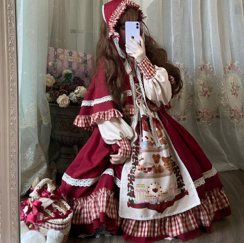 Stroje imprezowe dla kobiet świąteczna sukienka Lolita czerwona peleryna dziewczyny Op z długim rękawem Party Cartoon słodka, nowa sukienka świąteczna
