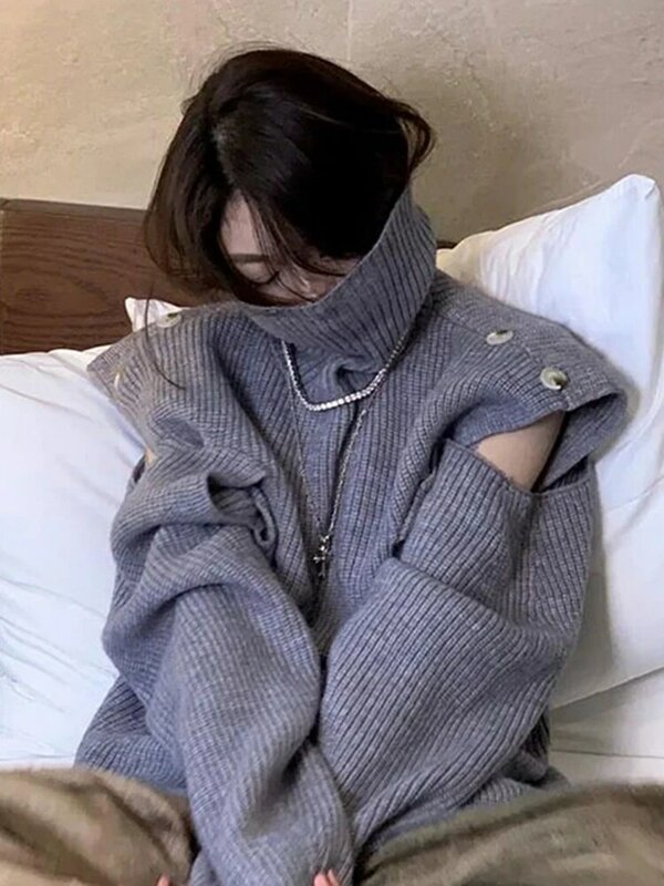 Sweter Perca Padat GALCAUR untuk Wanita Sweter Rajutan Lengan Lentera Turtleneck Pakaian Musim Gugur Wanita Mode Kasual 2022