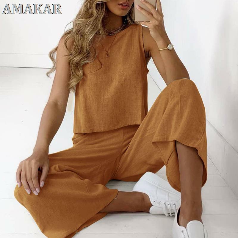 Spring Summer Women Cotton Linen Set Casual Sleeveless O-neck Shirt And Loose Pants Suits Spring Summer Solid Two Piece Sets 3XL