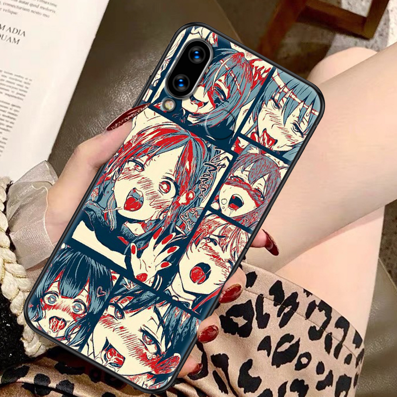 Hentai anime menina enfrenta caso de telefone para huawei honor 6a 7c 8a 7c 8x 8 9 9x 10 10i 20 lite pro preto moda capa celular arte pára-choques