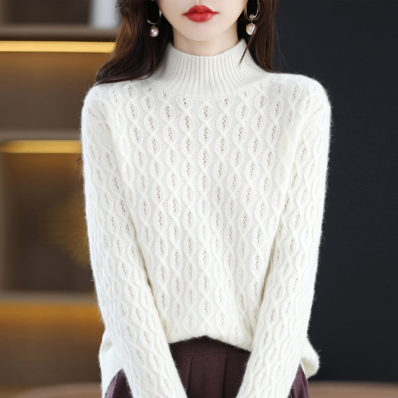 Suéter de lana de cuello alto para mujer, suéter grueso de Color liso, Top hueco que combina con todo, estilo Retro, Otoño e Invierno