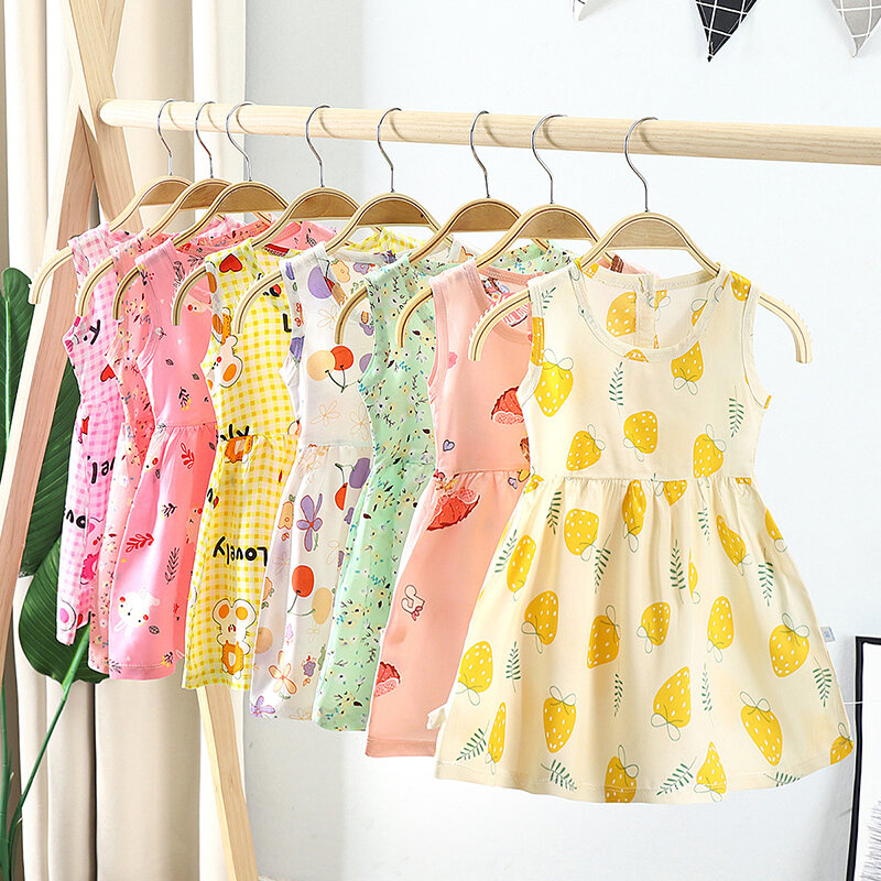 1-7Years Baby Girls Sleeveless Cartoon Print Dresses Clothes Kids Summer Princess Dress Children Comfortable Home Dress Outfit