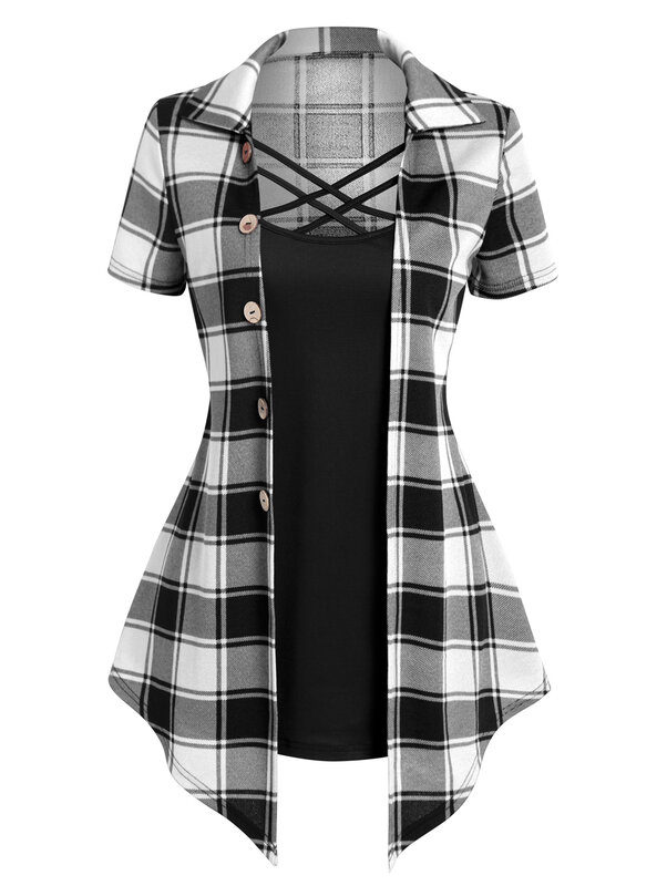 Camiseta xadrez cruzada com estampa feminina, botão simulado, twinset casual falso, 2 em 1, moda cintura alta, 2 em 1, verão