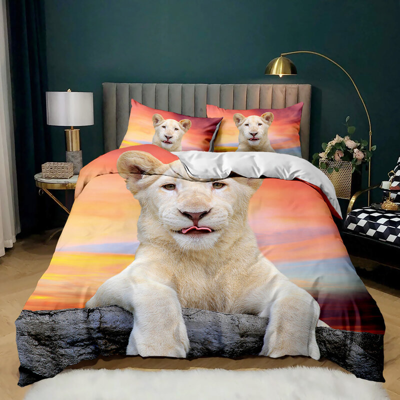 사자 침구 동물 이불 커버 세트 퀸 킹 사이즈 번개 사자 무늬 이불 커버 1 Lionhead Duvet Cover 2 Pillowcases