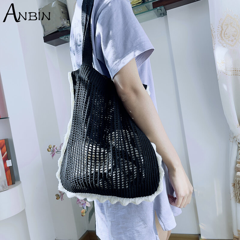Women Knitted Hollow Bag Harajuku Style Cute Girls Shoulder Large Capacity Fashion Summer Beach Shopping Bag Handbag Tote