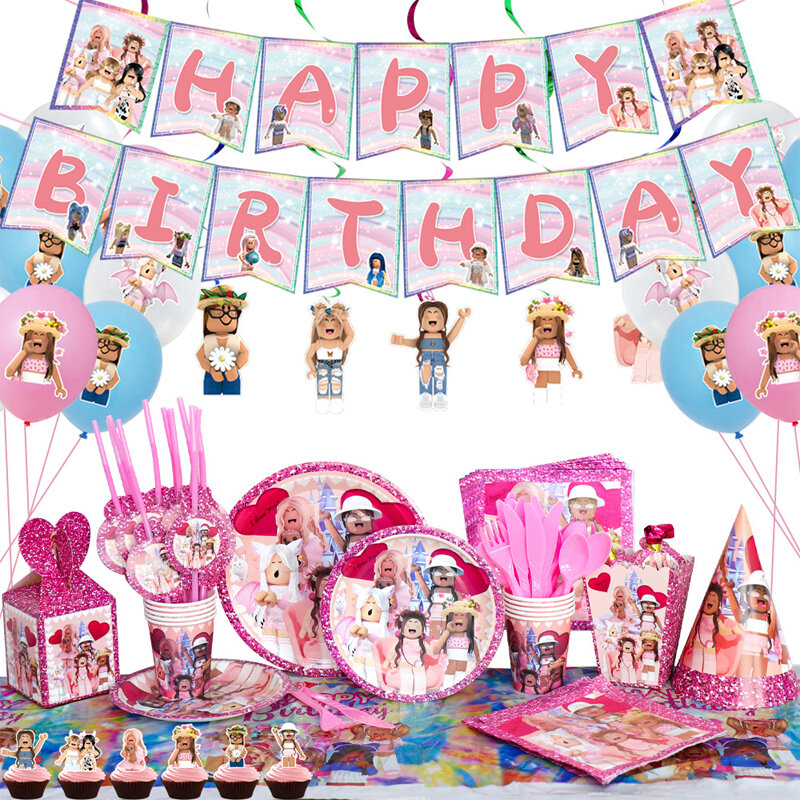 Pink Girls Perlengkapan Dekorasi Pesta Ulang Tahun Permainan Robot Balon Pesta Robloxs Piring Peralatan Makan Sekali Pakai Mainan Baby Shower