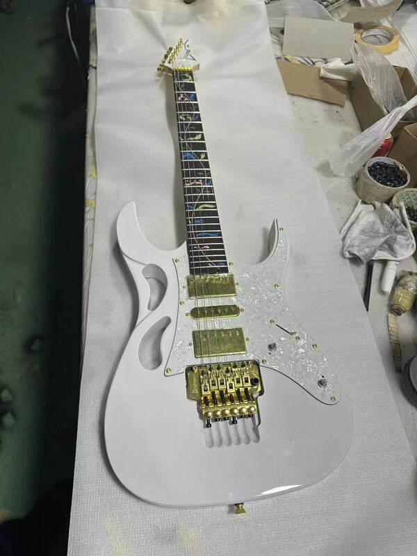Guitarra Eléctrica Jem Serise Gold de 7V, cuerpo blanco, puente dorado, pastillas HSH, guitarras de alta calidad