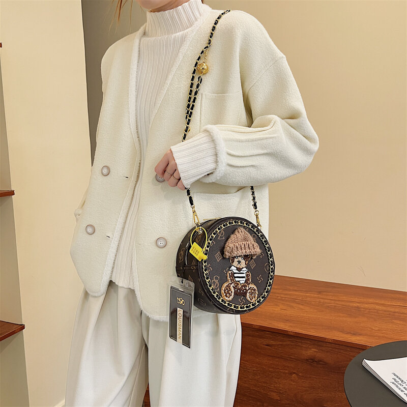 Małe okrągłe torby dla kobiet 2022 nowy nadruk torba na ramię Vintage skórzany łańcuszek słodki miś luksusowy projektant torba na ramię kobieta