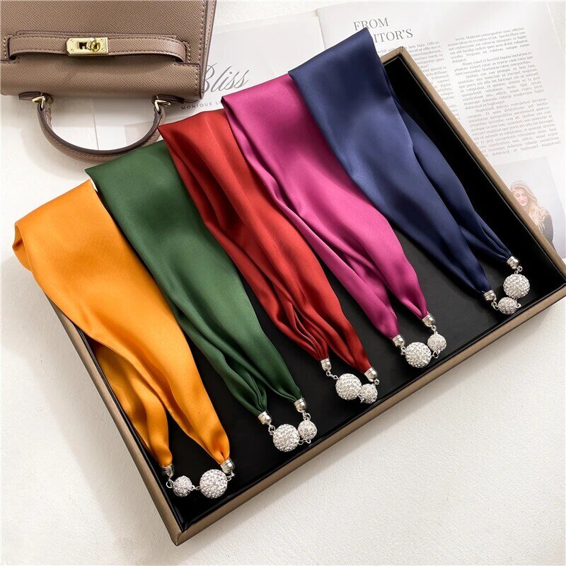 Luxus Design Silk Magnet Schal Frauen Druck Dünne Halskette Weibliche Hand Tasche Handgelenk Foulard Hals Binden Frühling Marke Echarpe 2022 neue