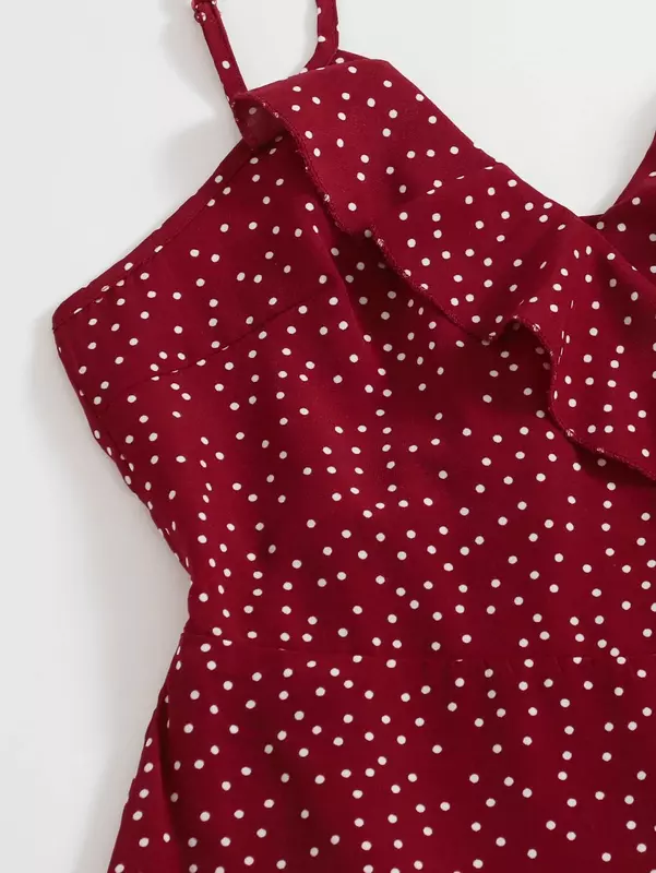Kleider für frauen 2022 Polka Dot Knoten Side Rüschen Trim Wrap Cami Kleid
