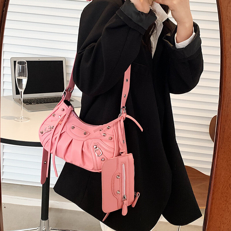 Luxury Brand Woman Bag Rivet Half Moon Hobo Bags With Mini Purse Casual Lady Shoulder Bag Punk Style Woman Satchels Handbag