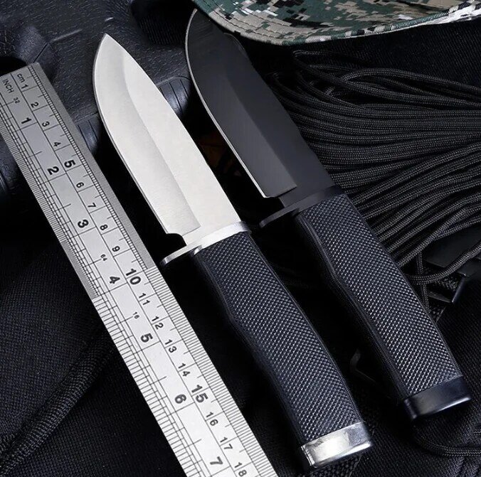 Hoja negra y blanca, cuchillo clásico de caza fijo, 440C mango de goma de acero inoxidable, cuchillos tácticos de Camping EDC