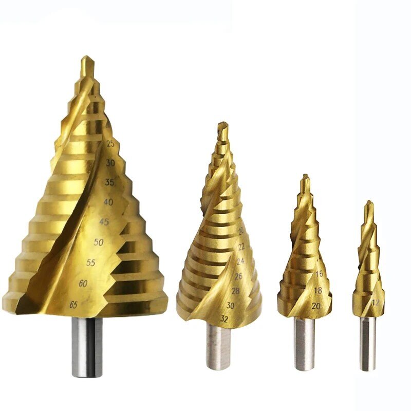 1 pcs 4 pces 4-12 4-20 4-32 6-65mm hss titanium broca setdrilling metal espiral de alta velocidade aço hss broca de cone cortador de furo de madeira