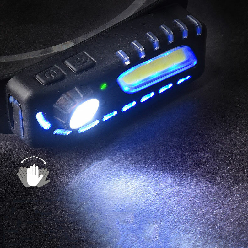 Potente linterna frontal LED con 8 modos de interruptor, luz roja/luz azul/luz blanca, recargable por USB, resistente al agua
