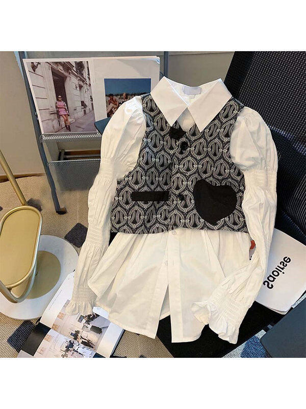 Feminino solto padrão preto remendo com decote em v sem mangas colete + lapela branca camisa de manga comprida casual moda duas peças conjunto outono 2022