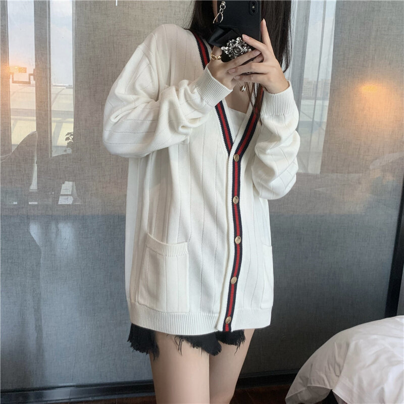 Moda coreana tb stripe malha cardigan feminino com decote em v casaco primavera e outono popular solto camisola versátil topo