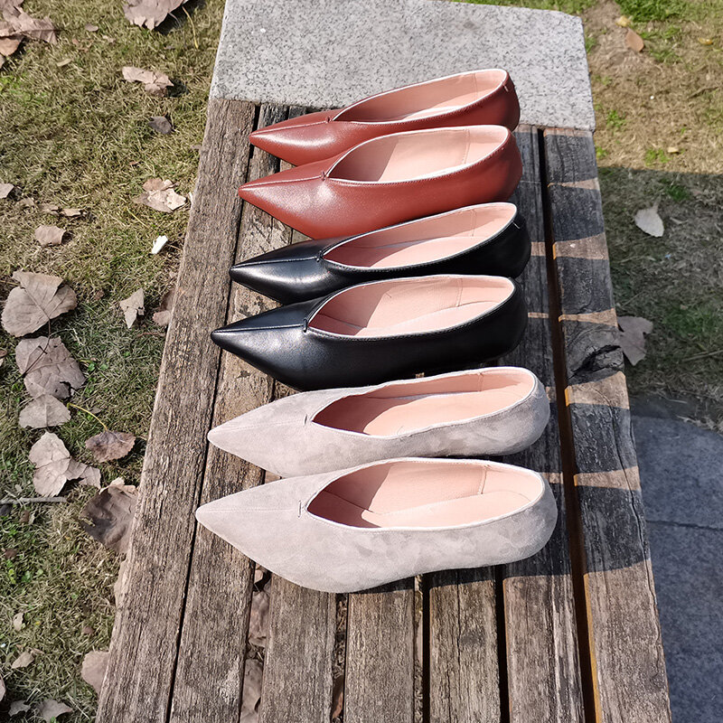 Escarpins en cuir véritable pour femmes, chaussures simples à bouche peu profonde, grande taille 22 – 2022 cm, en daim de vache/mouton, nouvelle collection 26.5