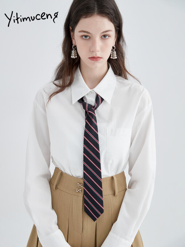 Ytimuceng tie camisas brancas blusa de manga longa superior feminino verão roupas vintage primavera 2022 turn-down colarinho estilo preppy bolso