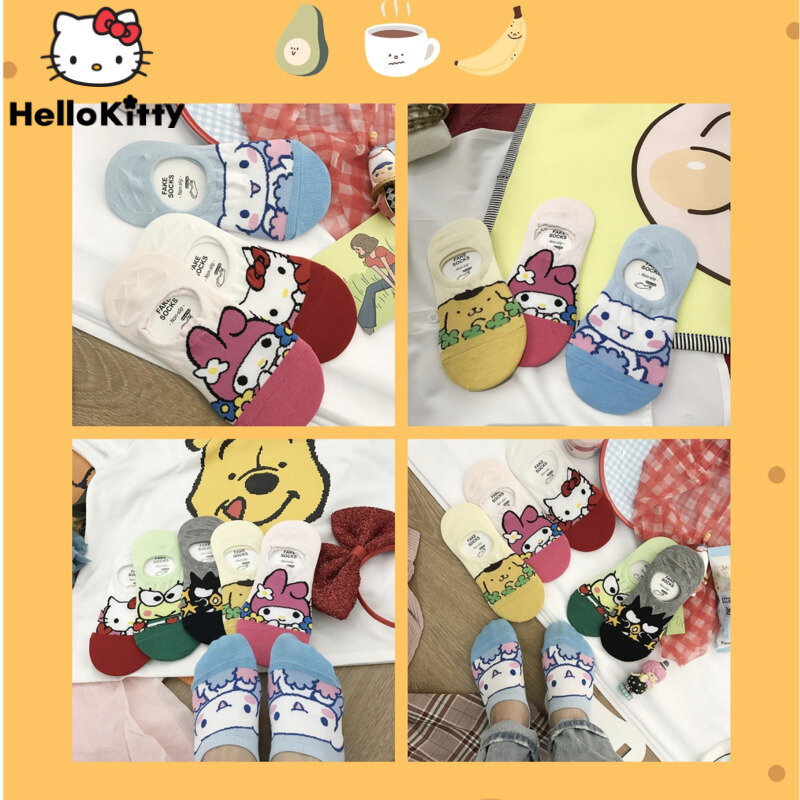 6คู่ Sanrio น่ารักผู้หญิงที่มองไม่เห็นถุงเท้าสัตว์การ์ตูน Melody Cinnamoroll Hello Kitty ถุงเท้าข้อเท้าฝ้ายถุงเท้...