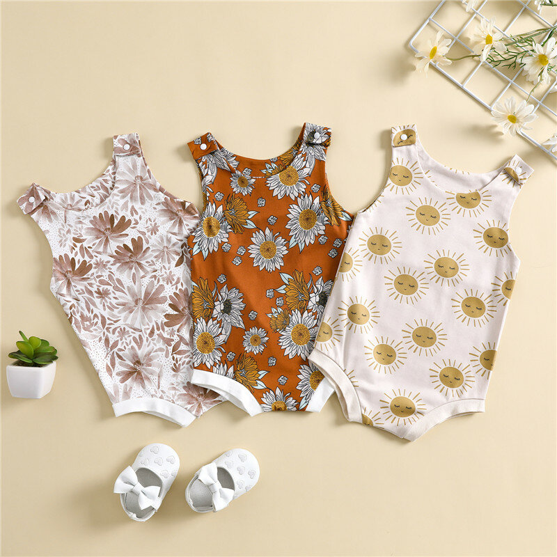 Newborn Baby Girls Romper Summer Casual Sleeveless Crew Neck Sun/Flower Print Button Closure Bodysuit Homewear