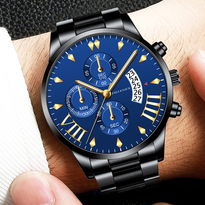 Mannen Fashion Rvs Kalender Quartz Business Horloge Met Saffier Glas Triple Oog Zes Naald 15 Kleuren Armband Sluiting