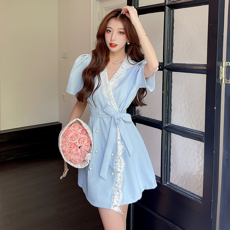 2022 Summer New Retro Lace Trim Mini Dress Pearl Buckle Tie Double Breasted Short Skirt Fashion Temperament Women's Clothing
