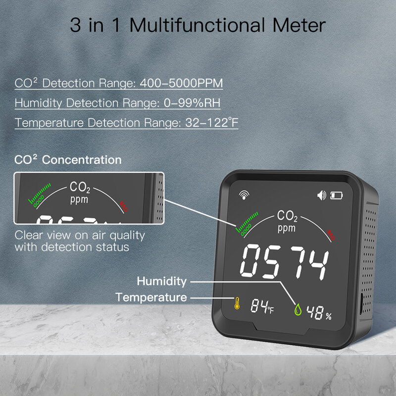 Detector inteligente de CO2, dispositivo 3 en 1 con WiFi, Detector de dióxido de carbono, Monitor de calidad del aire, temperatura, humedad, con despertador