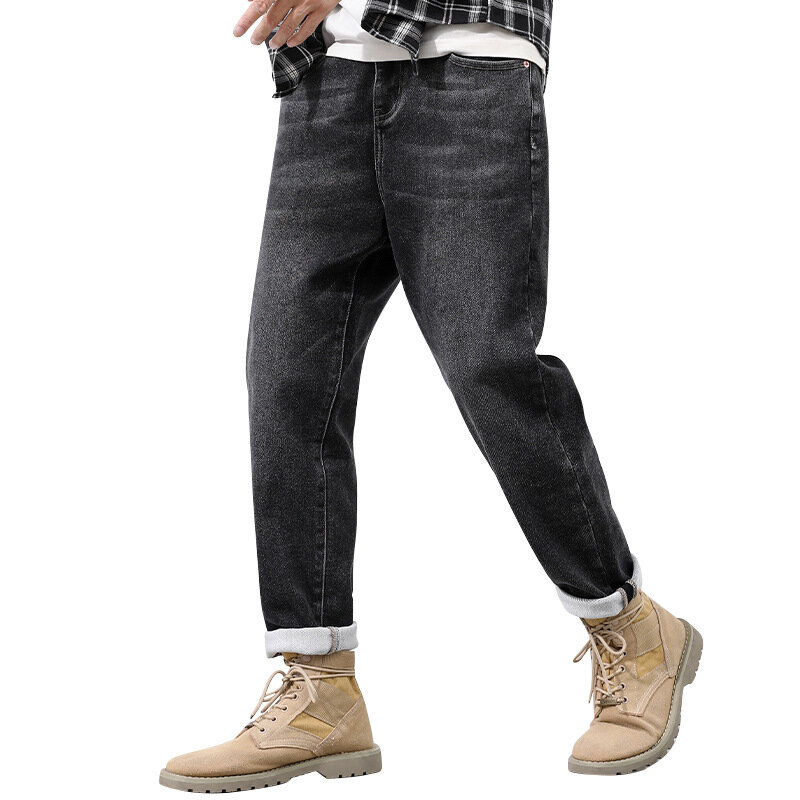 Calças de brim masculinas pretas retas pequenas moda na moda juventude calças de cintura outono e inverno commuter estiramento casual calças masculinas.